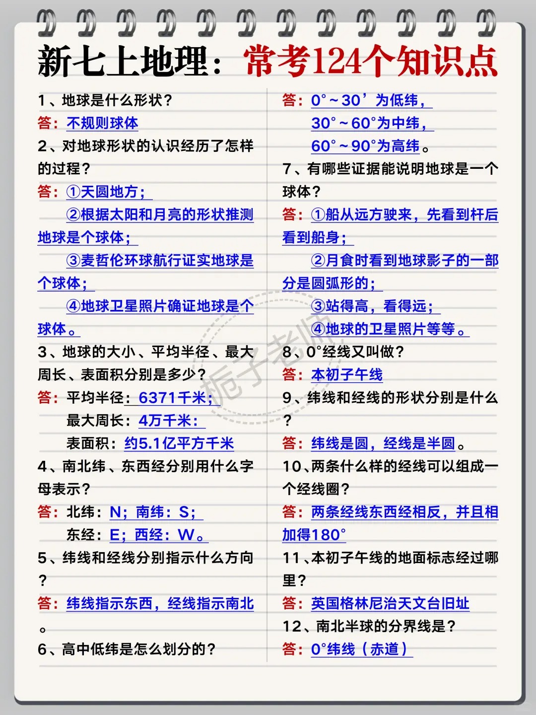 七上地理有点恶心，反复就考这124个问题