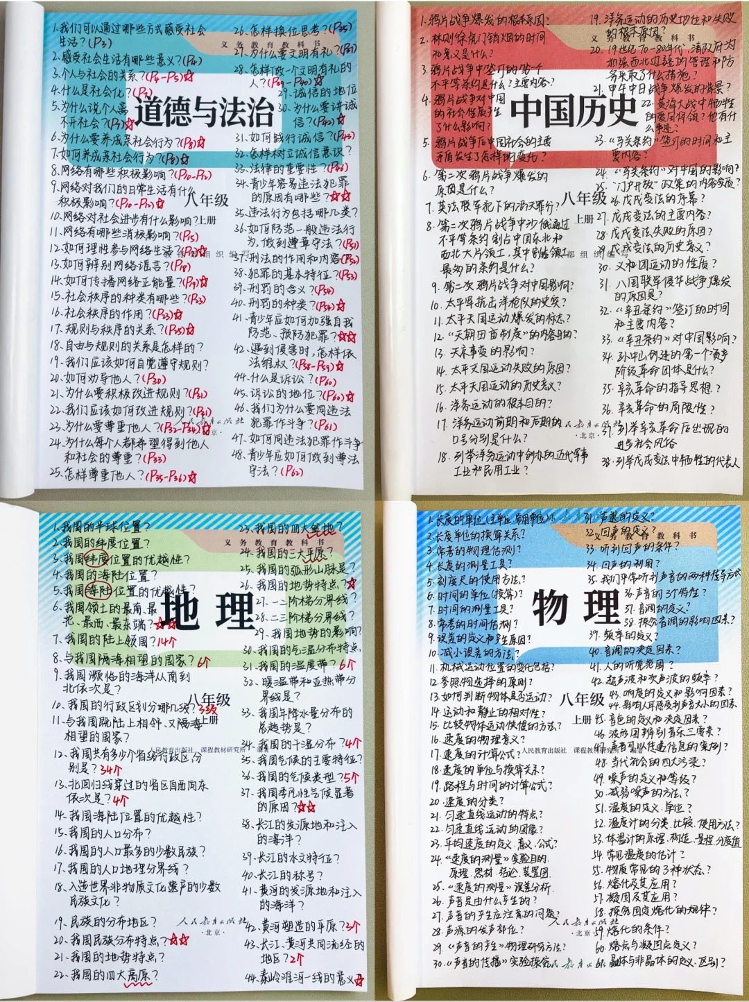 老师熬夜整理的，新八上小四门月考重点归纳