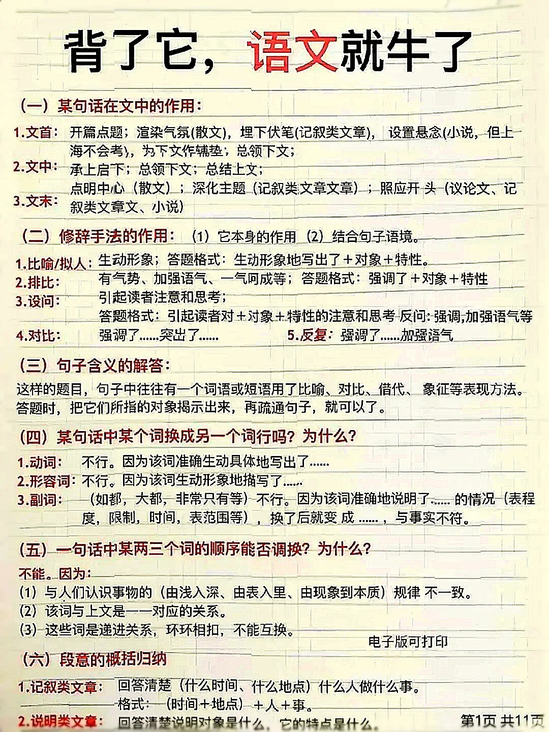 语文阅读理解高分答题公式助答题