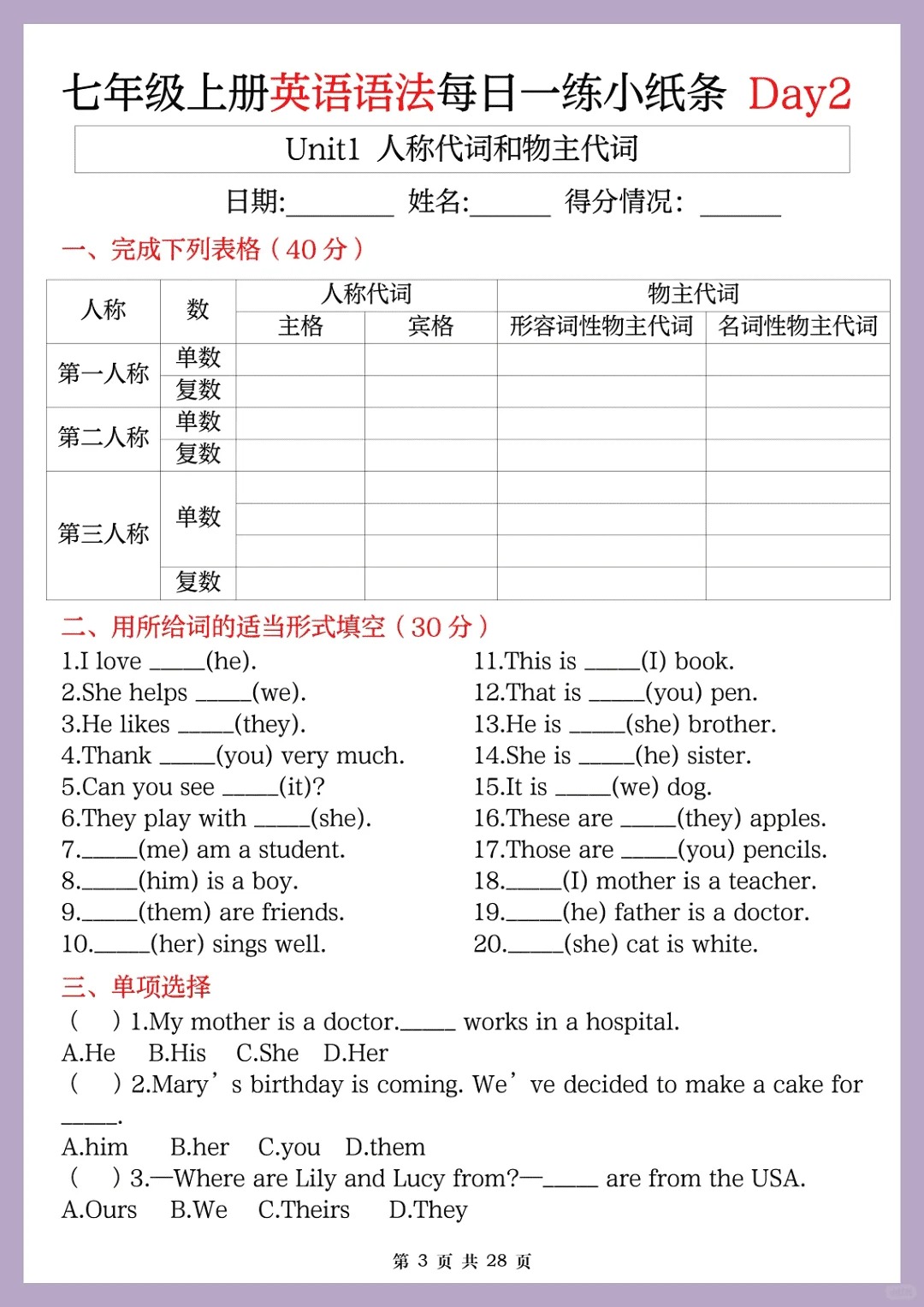 老师熬夜整理的七上英语单元语法过关来啦！